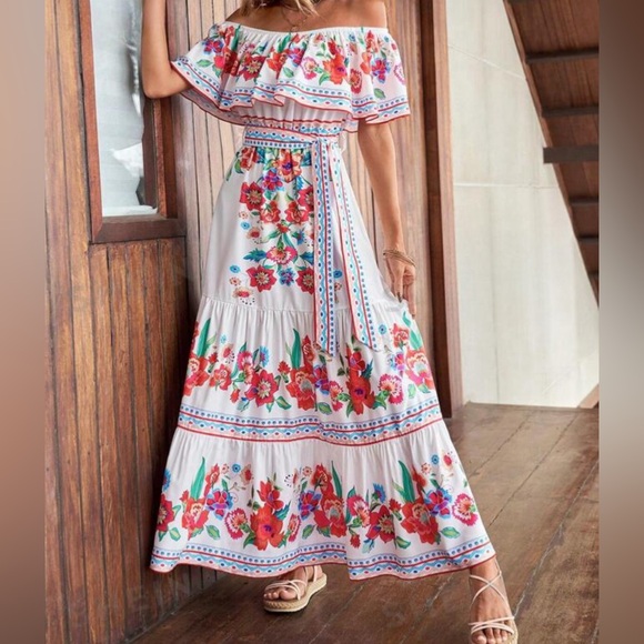 Women’s Boutique Floral Print off the shoulder Ruffle Hem Belted Dress. XL. NWOT - Picture 7 of 8